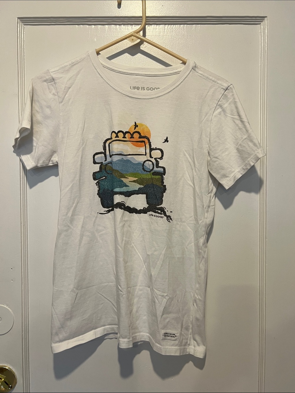 Life Is Good White Crew Tee with Patch Motto